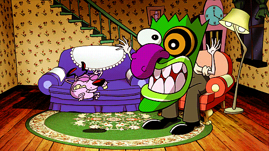 Courage the Cowardly dog being terrified by Eustace's OogaBooga mask