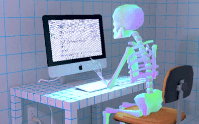 An animation of a skeleton removing his black cat from in front of his computer keyboard
