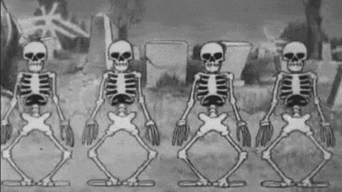 A black and white cartoon of skeletons dancing in a row from side-to-side