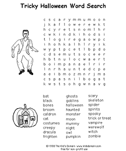 a Halloween-themed word search puzzle, tricky