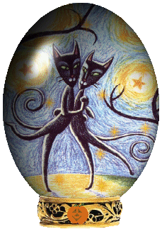 an animated snowglobe containing art of two anthropomorphic cats embracing