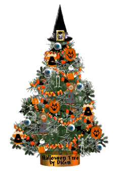 a 'Christmas' tree with Halloween decorations on it, such as pumpkins, eyeballs, and a witch hat as the 'star'
