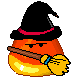 a candy corn dressed as a witch