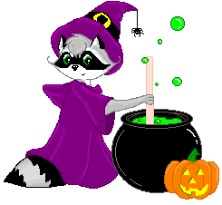 a cartoon raccoon dressed as a witch, stirring a cauldron