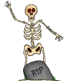 a cartoon skeleton bursting from a grave